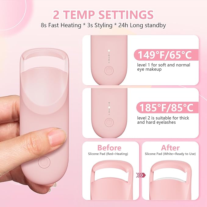 Heated Eyelash Curler, Electric Eyelash Curler with 2-Temp Modes & Type-C Charging, 8s Fast Heat 3s Style 24H Lift for Long-Lasting Natural Effortless Curls, Mini Heated Lash Curler for Women(Pink)