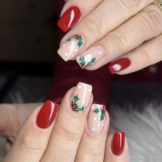 24Pcs Christmas Press on Nails Short Square Fake Nails with Holly Designs Red Xmas False Nails Winter Snow Acrylic Nail Full Cover Stick on Nails for Women DIY Christmas Manicure Decoration