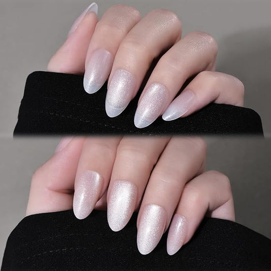 Cat Eye Press on Nails Almond Short, Cat Eye Stick on Nails Press on, Pearl White Nude Pink Glitter Short Almond Press Glue on Nail, Fake Nails Press ons with glue 60Pcs Reusable Acrylic Fake Nail Kit