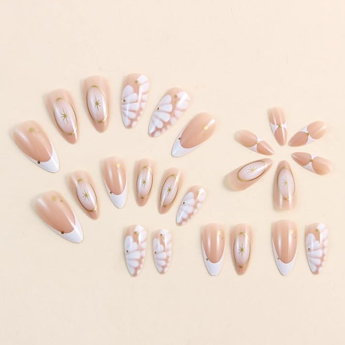 IMRAIN Medium Almond Press on Nails French Tips Fake Nails with Crocodile Print Designs Nude White Ombre Glossy Glue on Nails Acrylic Full Cover Golden Star Stick on False Nails for Women Girls