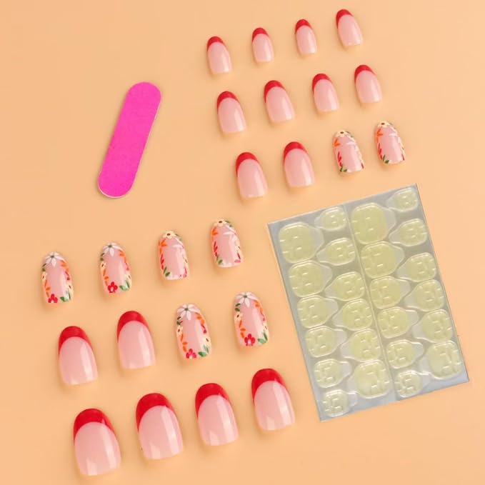Flower Press on Nails Red French Tip Fake Nails Short Almond False Nails with Design Nude Glue on Nails Glossy Artificial Acrylic Full Cover Floral Stick on Nails for Women Manicure 24Pcs