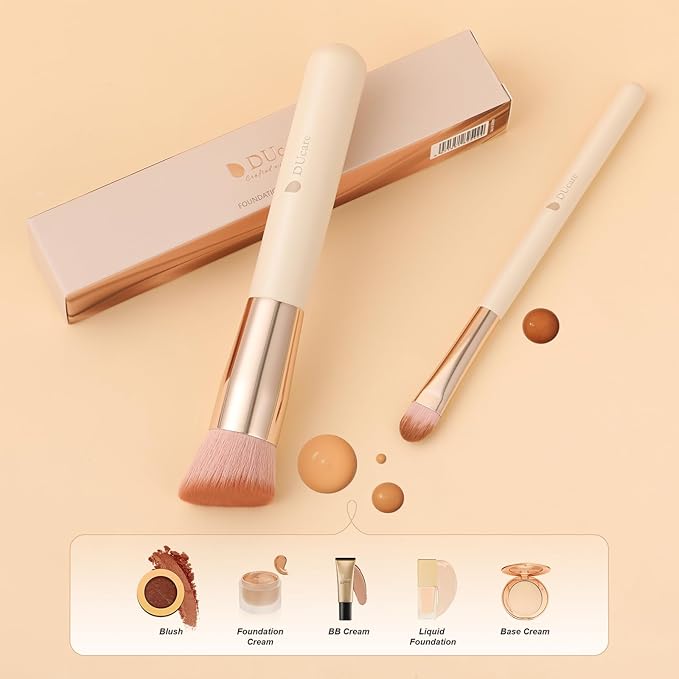 DUcare Foundation Concealer Brush 2Pcs Flat Top Kabuki Brush for Face Synthetic Liquid Blending Mineral Powder Makeup Tools pink