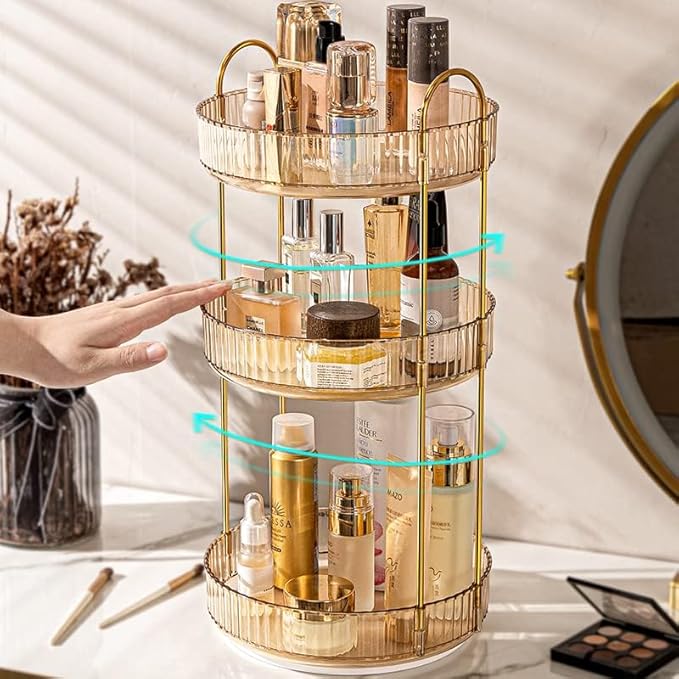 360 Rotating Makeup Organizer - High-Capacity Skincare & Cosmetics Organizer for Vanity, Bathroom or Dresser (3 Tiers, Amber)