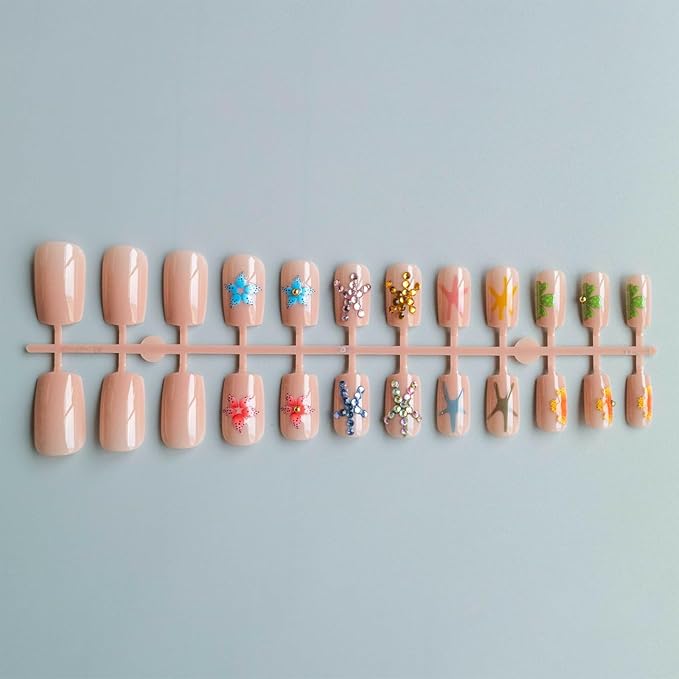 Summer Starfish Designs 24 Pcs Medium Square Acrylic False Nails with Full Coverage and Glossy Finish
