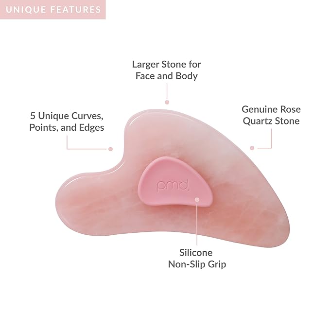 PMD Beauty Gua Sha Facial Tools - Massaging, Sculpting and Depuffing Guasha Tool for Face with Rose Quartz and Silicone Grip - Reduce Tension & Inflammation, with Starter Kit