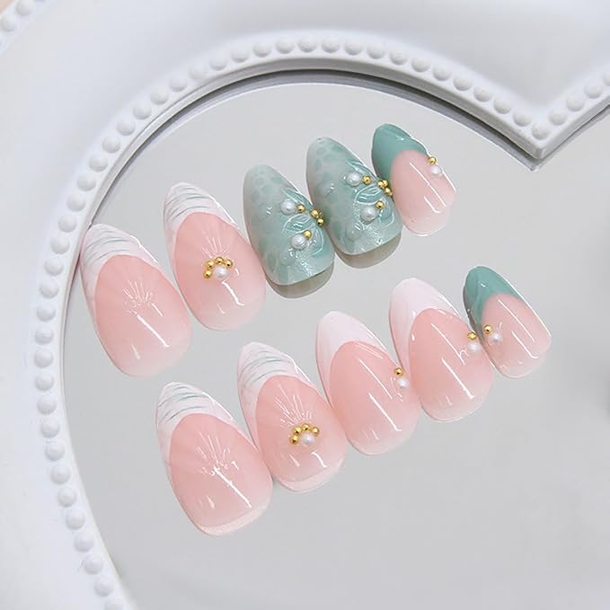 Summer Press on Nails Short Almond Fake Nails French Tips False Nails 3D Floral Ripple Nude Blue with Rhinestones Design Glossy Stick on Nail for Women Decoration Nail Art Accessories