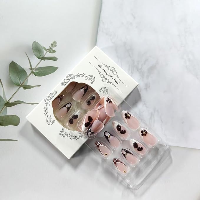 Fall French Tip Press on Nails Medium Almond Fake Nails with 3D Coffee Beans Design Glossy Nude Acrylic False Nails Brown Flower Glue on Nail Full Cover Artificial Stick on Nail for Women 24Pcs