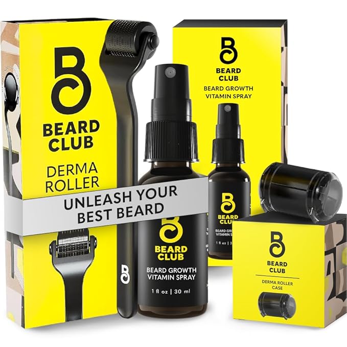 Beard Club Premium Derma Roller & Biotin Beard Growth Vitamin Spray - Microneedle Roller for Men and Women with 540 Titanium Microneedles - Beard Roller & Beard Oil for Face, Body and Scalp