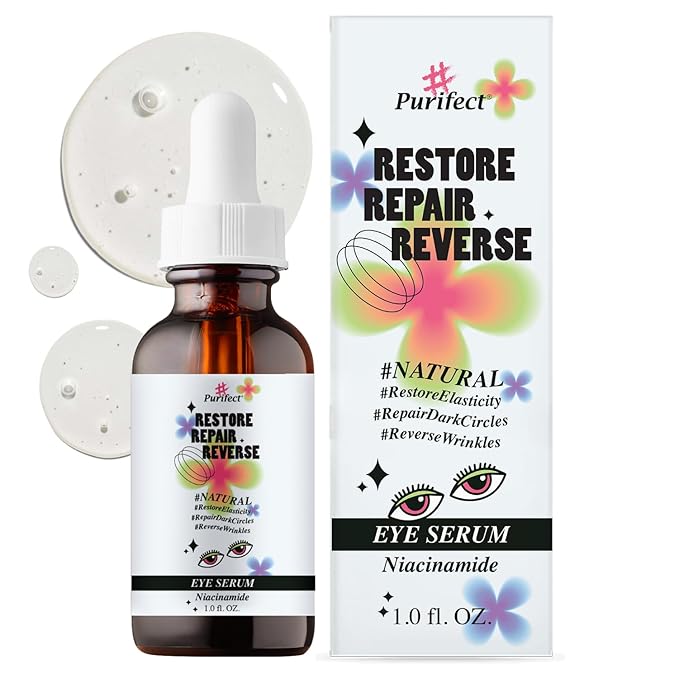 Made in USA Natural Peptide Retinol Niacinamide Eye Serum Anti Aging Brightening Firming Under Eye Care Non-greasy Formula - 1oz/30ml (#Purifect RestoreRepairReverse Niacinamide Eye Serum)