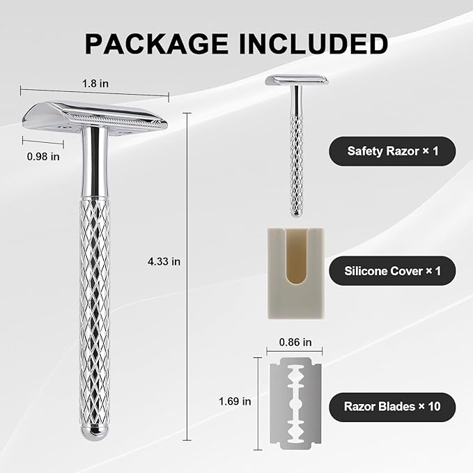 Double Edge Safety Razor with Chrome Plated Handle & Silicone Cover & 10 Blades Single Blade Safety Razor for Travel Metal Eco-Friendly Reusable Razor for Shaving