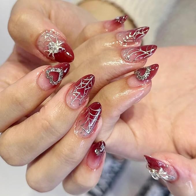 24 Medium Almond Press on Nails Halloween Spider Web Fake Nails Silver Spider Rhinestones with Heart Design Goth False Nails Gradient Red Full Cover Artificial Nails Stick on Nail for Acrylic Manicure