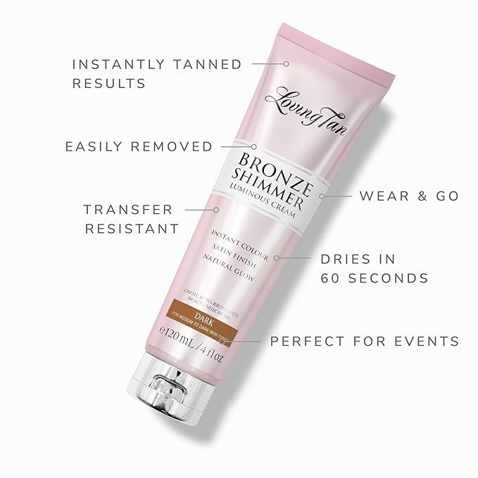 Loving Tan Bronze Shimmer Luminous Cream, Dark - Streak Free, Natural Looking, Instant Sunless Tanner - 6+ Self Tanning Applications per Tube, Cruelty Free - 4 FL Oz