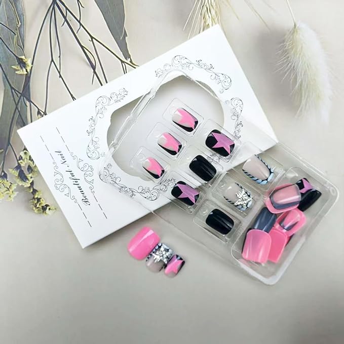 24Pcs Leopard French Tip Press on Nails Short Square Fake Nails 3D Star Acrylic Nails Black Gloss False Nail with Pink Star Design Reusable Artificial Glue on Nail for Women DIY Manicure Supplies