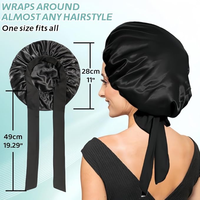 Silk Bonnet for Sleeping Women, Ajustable Hair Bonnet for Curly Hair with Tie Band Shower Caps Black，Large