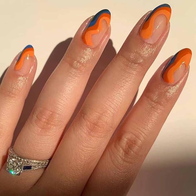 RikView Almond Press on Nails Medium Fake Nails Orange & Blue Stick on Nails with Swirls Design