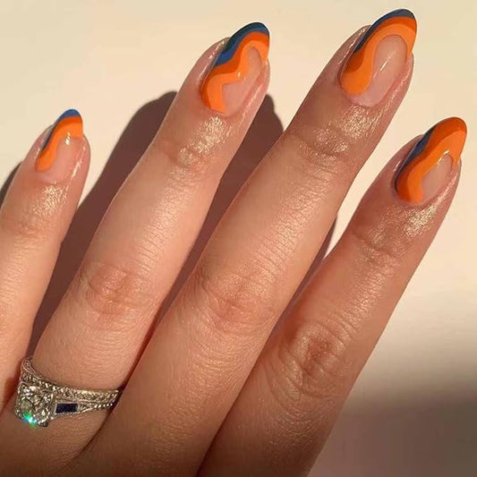 RikView Almond Press on Nails Medium Fake Nails Orange & Blue Stick on Nails with Swirls Design