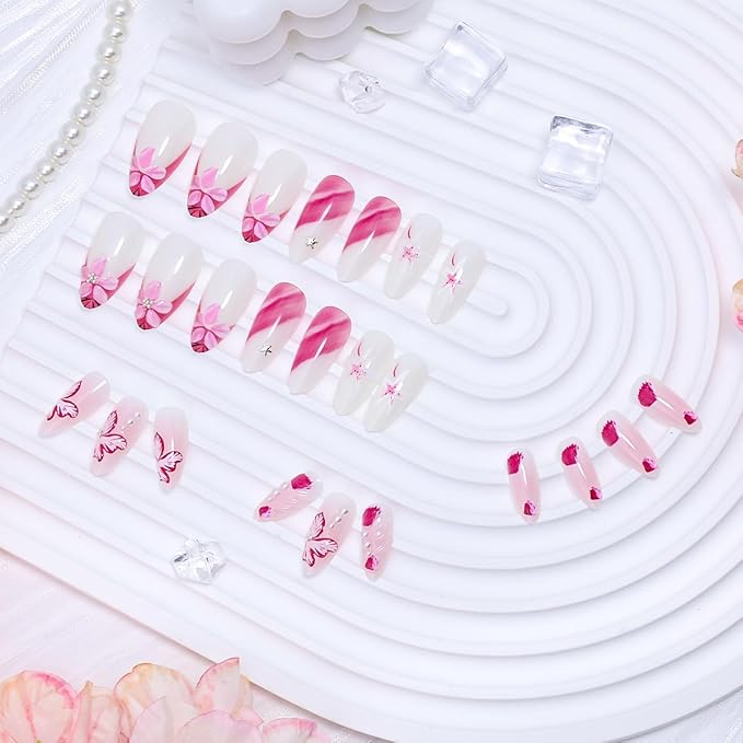 24Pcs Pink Flower Press on Nails Medium Long Almond Fake Nails 3D Flower Acrylic Nails Silver Beads Starfish Gem Spring Summer Glue on Nail Pink French Tip False Nails Cute Stick on Nail for Women