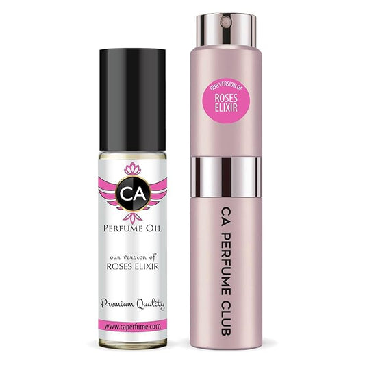 CA Perfume Duo Impression of Roses Elixir For Women Perfume Layering Set Long Lasting Travel Size EDP + Body Oil Roll-On Bottle 0.27 Fl Oz+0.33 Fl Oz