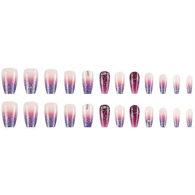 Purple Ombre French Tip Press on Nails Short Coffin Fake Nails with Rhinestones Design Glitter Acrylic Nails Press ons Cute Gradient Glue Stick on Nails for Women 24 Pcs