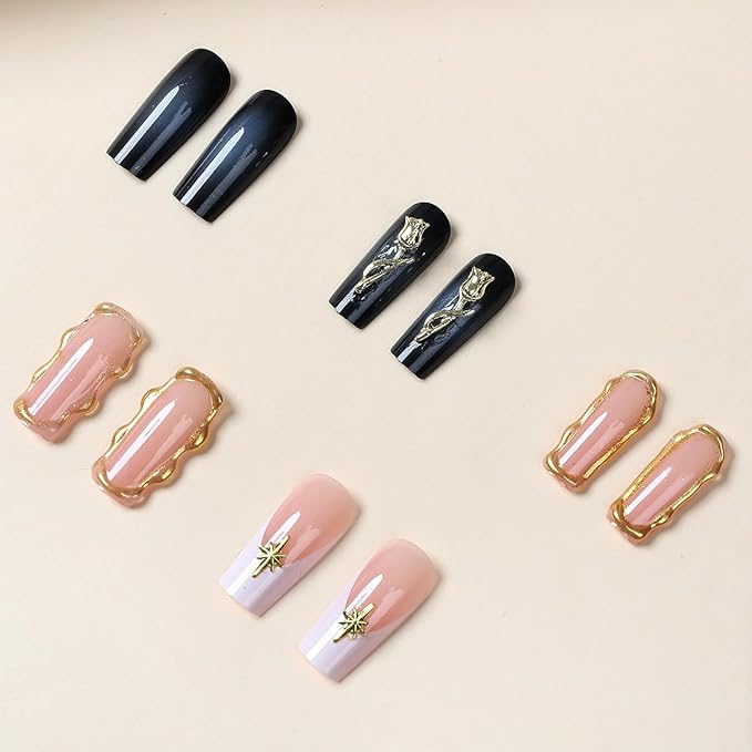 24Pcs Gold Gilding Press on Nails Medium Square French Tip Fake Nails with Glitter Star Rose Design Exquisite 3D Flower False Nails Full Cover Artificial Glue on Nails Spring Stick on Nails for Women