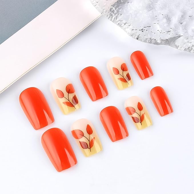 Fall Leaf Press on Nails Medium Square Glossy Orange Acrylic Fake Nails Thanksgiving Maple Leaves False Nails Gel Glue on Nail Full Cover Stick on Nail DIY Manicure for Women 24Pcs