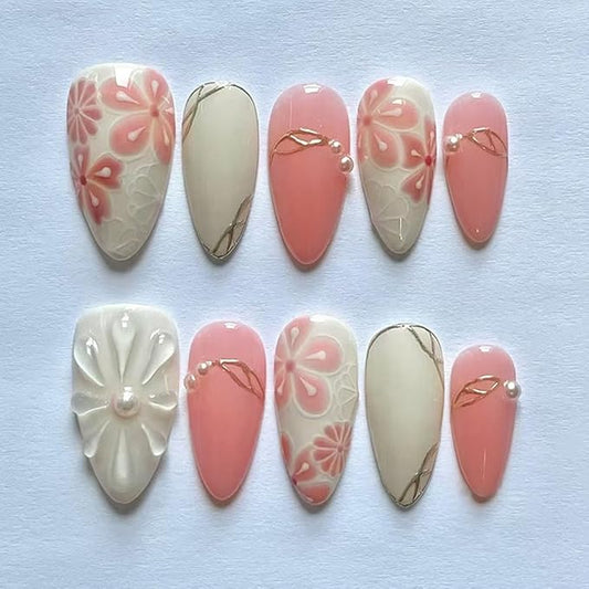 24Pcs Flower Press on Nails Almond Medium Fake Nails Romantic Encounter False Nails with 3D Flowers Pearls Designs Luxury Acrylic Nail Art Supplies Full Cover Artificial Fingernails for Women