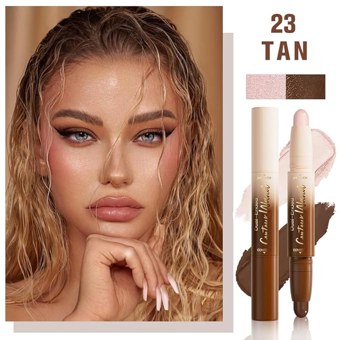 Darker Nude + Light Pink Contour Stick Dual Ended Face Body Makeup Waterproof no Transfer, 2 in 1 Cream Concealer Stick Contouring Makeup Kit, Nose Contour Bronzer Sticks Face Highlighter Make up