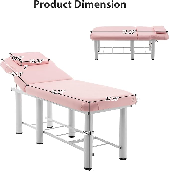 Professional Massage Table with Backrest, Faux Leather Stationary Physical Therapy Table, Metal Frame Barber Beauty Equipment, Removable Headrest Treatment Table Salon Spa Bed, Pink