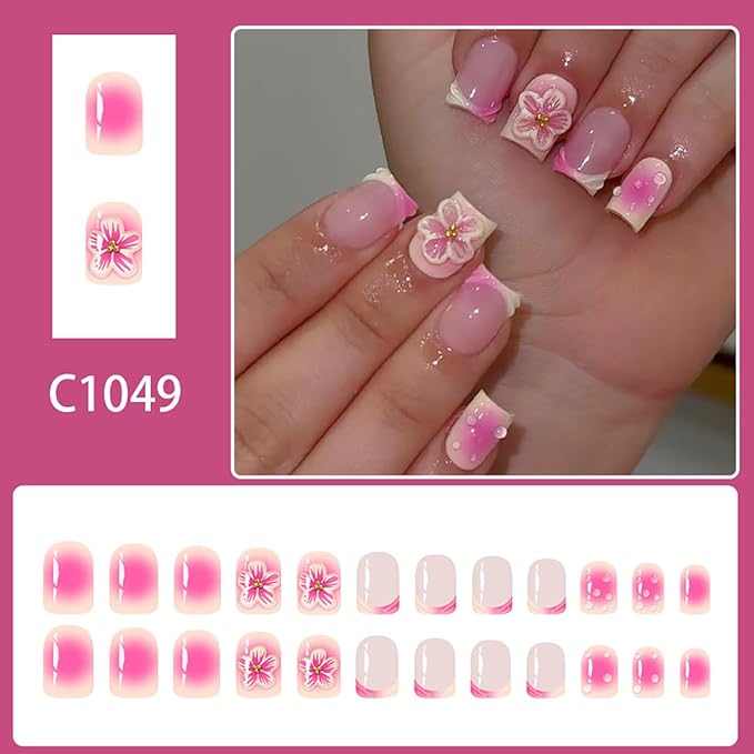 24Pcs Short Square Press on Nails Pink Gradient French Tip Fake Nails with 3D Flower Water Ripple Design Glue on Nails Glossy Acrylic Nails Summer Full Cover Stick on Nails for Women Girls Daily Wear