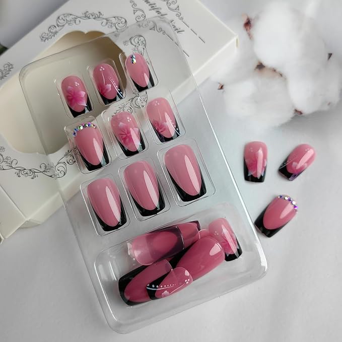 24Pcs Black French Tip Press on Nails Medium Square Flower Fake Nails with Rhinestones Glue on Nails Full Cover Pink False Nails Hibiscus Flower Artificial Stick on Nail Spring Acrylic Nails for Women