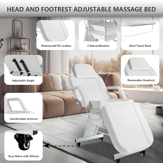 Facial Chair with Wheels Tattoo Chair 73inch Adjustable Tattoo Bed for Client Massage Table with Stool Massage Table Facial Bed for Spa Beauty Esthetician White