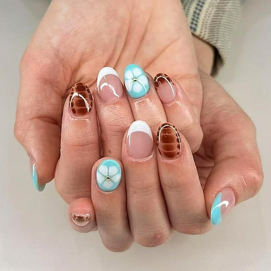 Almond Shaped Press on Nails Short Oval False Nails with Designs Blue White French Tips Glue on Nails Leopard Print Flowers Acrylic Nails Glossy Full Cover Stick on Nails for Women Manicure 24 Pcs