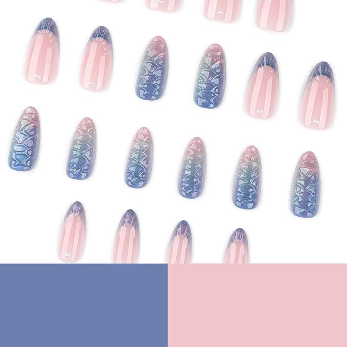 Mivoa Almond Press On Nails Medium, 24PCS Iridescent 3D Mermaid Scale Acrylic Fake Nails with Glue Kit, Gradient Pink Purple Stick On Nails for Women, Reusable Glossy False Nails for Party, Wedding
