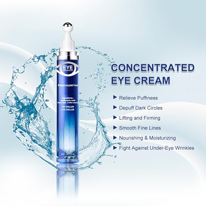 Caffeine Eye Serum,Under Eye Roller Serum with 360° Massage Ball,Eye Contour Cream for Dark Circles and Puffiness Wrinkles Fine Lines