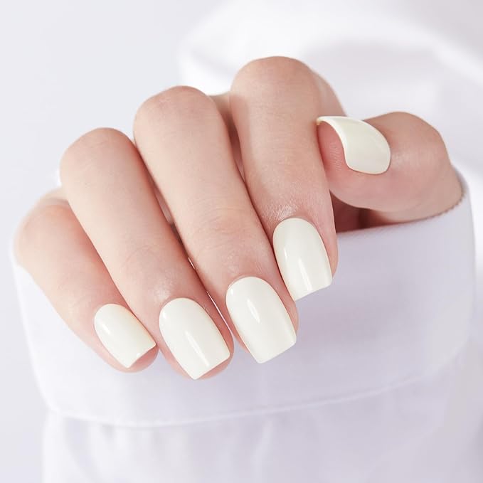 Modelones Milky White Press on Nails, Christmas Short Square Fake Nails, Reusable Nail Kit with Nail Glue Adhesive Tabs Mini Nail File, Nails Press Ons 32Pcs16 Sizes, Women Girl Gift