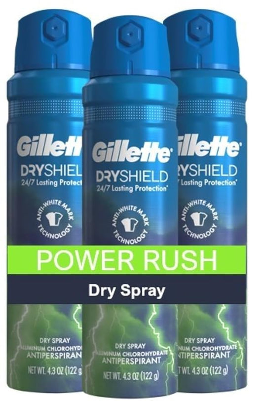 Gillette Dry Spray Antiperspirant and Deodorant for Men, 24/7 Sweat & Odor Protection, Anti-White Mark Technology, Power Rush Scent, 4.3 oz (Pack of 3)