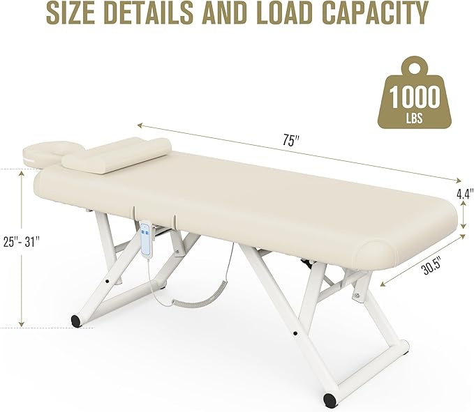 pouseayar Adjustable Massage Table with Face Pillow & Headrest, Sturdy and Solid, Silent and Easy to Adjust - Adjustable Backrest, Electric Leg Lifting, Beige Gray