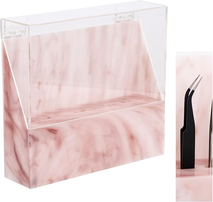 8 Holes Dust-proof Eyelash Tweezers Holder Case Acrylic Marble Tweezer Stand Display Organizer with Cover for Lash Extensions (pink)