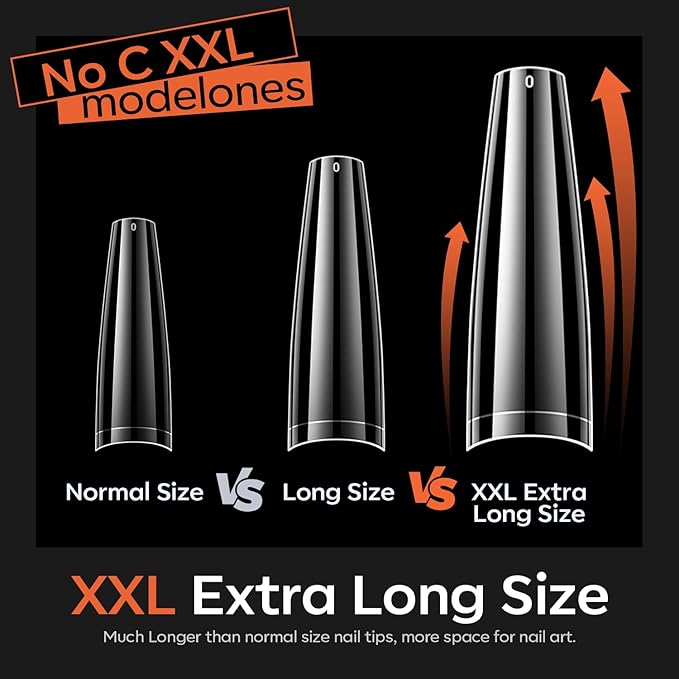 modelones XXL Long Coffin French Nail Tips, 504 PCS No C Curve Half Cover Clear Acrylic Fake Nails Tips Gel Pre-shaped 12 Sizes with Box