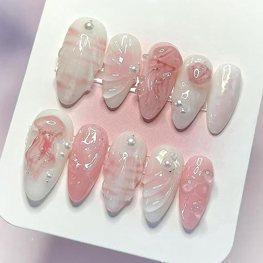 24PCS Summer Press on Nails Almond Fake Nails with 3D Shell Pattern Jellyfish Pearl Press on Fake Nail Full Cover Stick on Nails Handmade Press on Nails Art Decoration for Women
