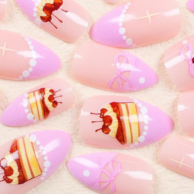 24Pcs Pink French Tip Press on Nails Medium Almond Acrylic False Nails with Cherry Cake White Pearl Design Full Cover Artificial Glue on Nails Glitter Stick on Nails for Women DIY Manicure
