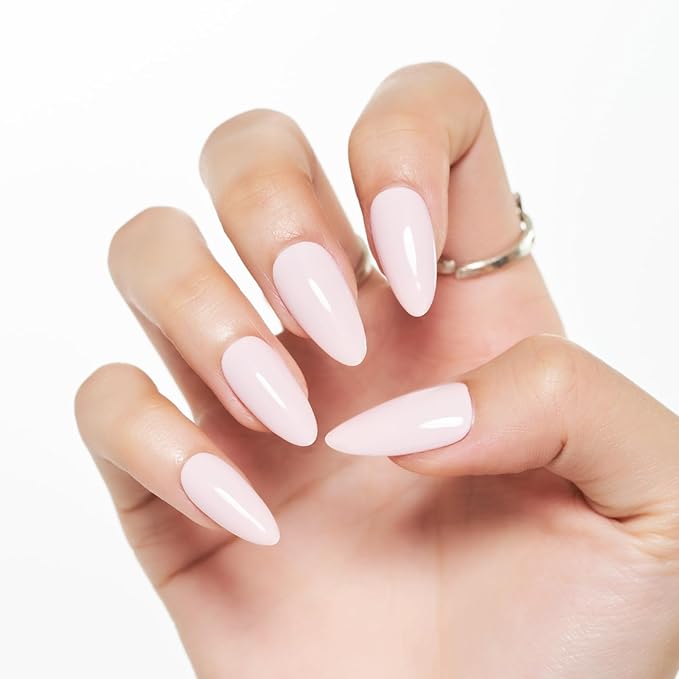 WOOYAS Press On Nails Almond, White Pink Fake Nails Glossy Solid Color False Nails Gel Finish, Supremely Fit & Natural Handmade Glue On Nails for Women and Girls 24Pcs