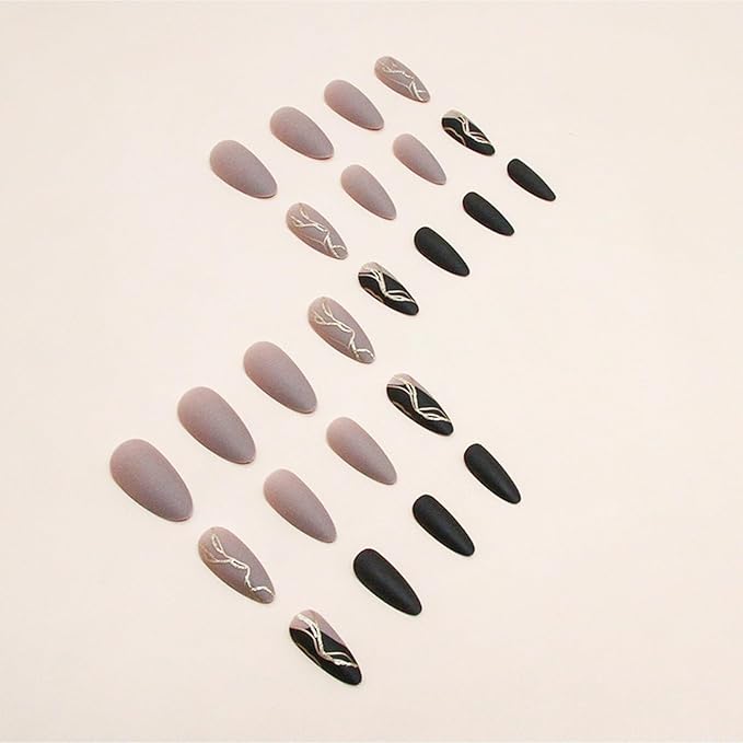 Almond False Nails, Gray, Medium Press on Nails, 24 Pieces, Glossy Finish, Acrylic, for Women Decoration