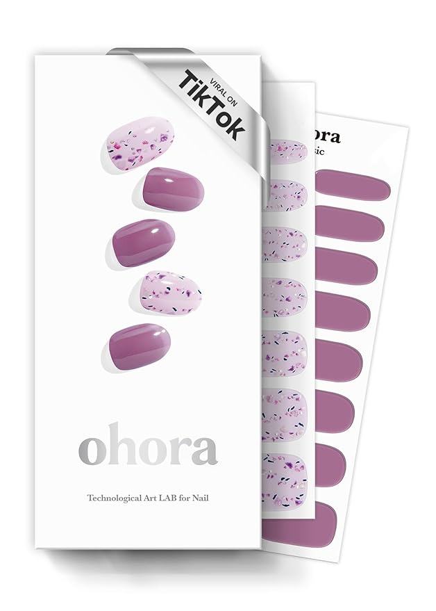 ohora Semi Cured Gel Nail Strips (N Violeta) - Purple, Patterned, Works with Any UV/LED Lamps, Salon-Quality, Long Lasting, Easy to Apply & Remove - Includes 2 Prep Pads, Nail File & Wooden Stick