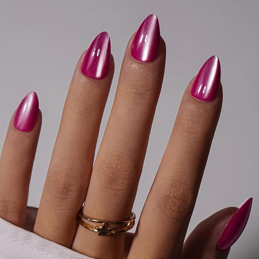 KQueenest Cat Eye Press On Nails Short, Acrylic Press On Nails Almond, Sparkle Hot Pink Fake Nails With Glue, Recycled Soft Gel Glue On Nails for Woman, Long-Lasting Glitter Effect, Fushia, 30 Pcs