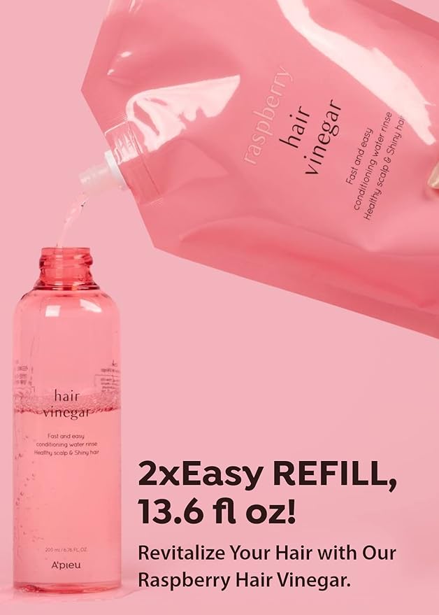 A'PIEU Raspberry Hair Vinegar Rinse Refill 13.6 fl oz - Scalp Treatment for Balanced pH, Shiny Hair | Korean Hair Care I Clarifies & Encourages Growth | Dandruff & Oil Control