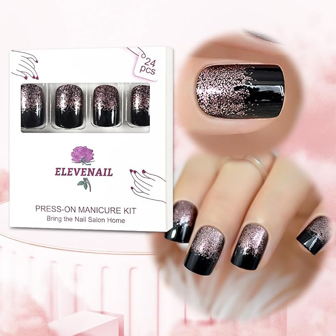 Black Light Coffee Brown Glitter French Press on False Nail Medium Short Square Shimmer Fake Nails Tips Salon Manicure Reusable DIY Fake Artificial Nails Art for Women Girls