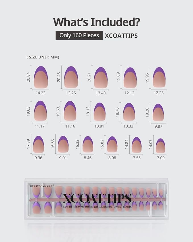 BTArtboxnails XCOATTIPS Purple French Tip Press On Nails - Short Press On Nails Almond, Soft Gel Nail Tips, 160Pcs Soak Off Acrylic Brown Fake Nail Extension in 16 Sizes