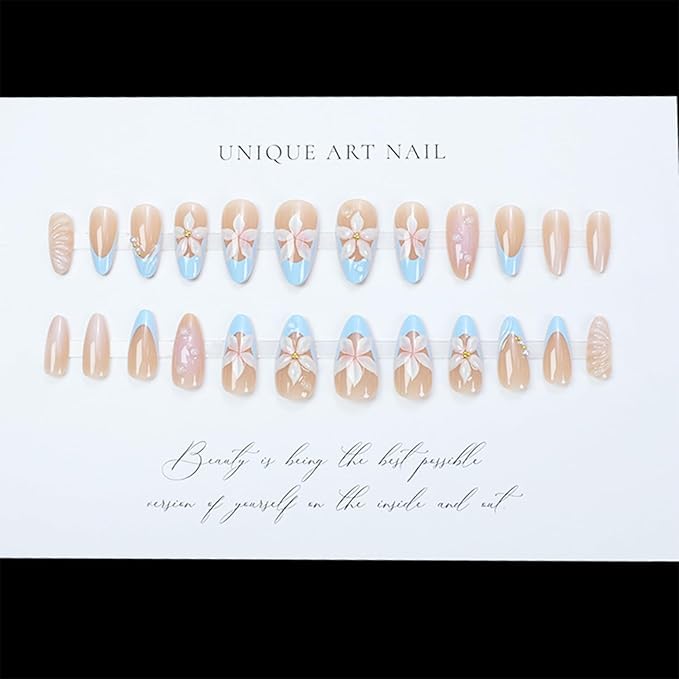24pcs Blue French Tip Press on Nails Short Almond Fake Nails with 3D Flower Pearl Designs Summer False Nails Floral Acrylic Nails Kit Stick on Nails Full Cover Glue on Nails for Women Nail Decoration