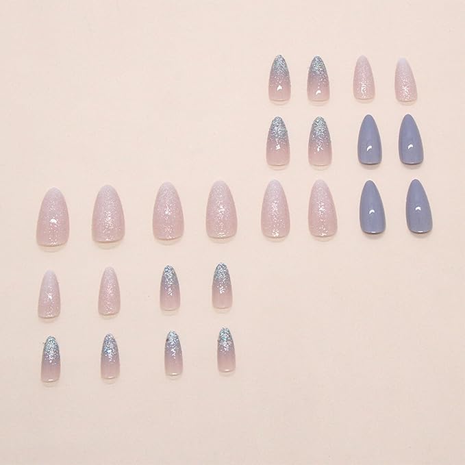IMRAIN Press on Nails Medium Almond Fake Nails Blue Glitter Glossy Glue on Nails Full Cover White Acrylic Stiletto False Nails with Bling